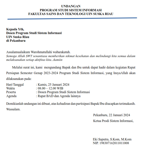 Undangan Rapat BAD Dosen Program Studi Sistem Informasi Semester Genap 2023-2024